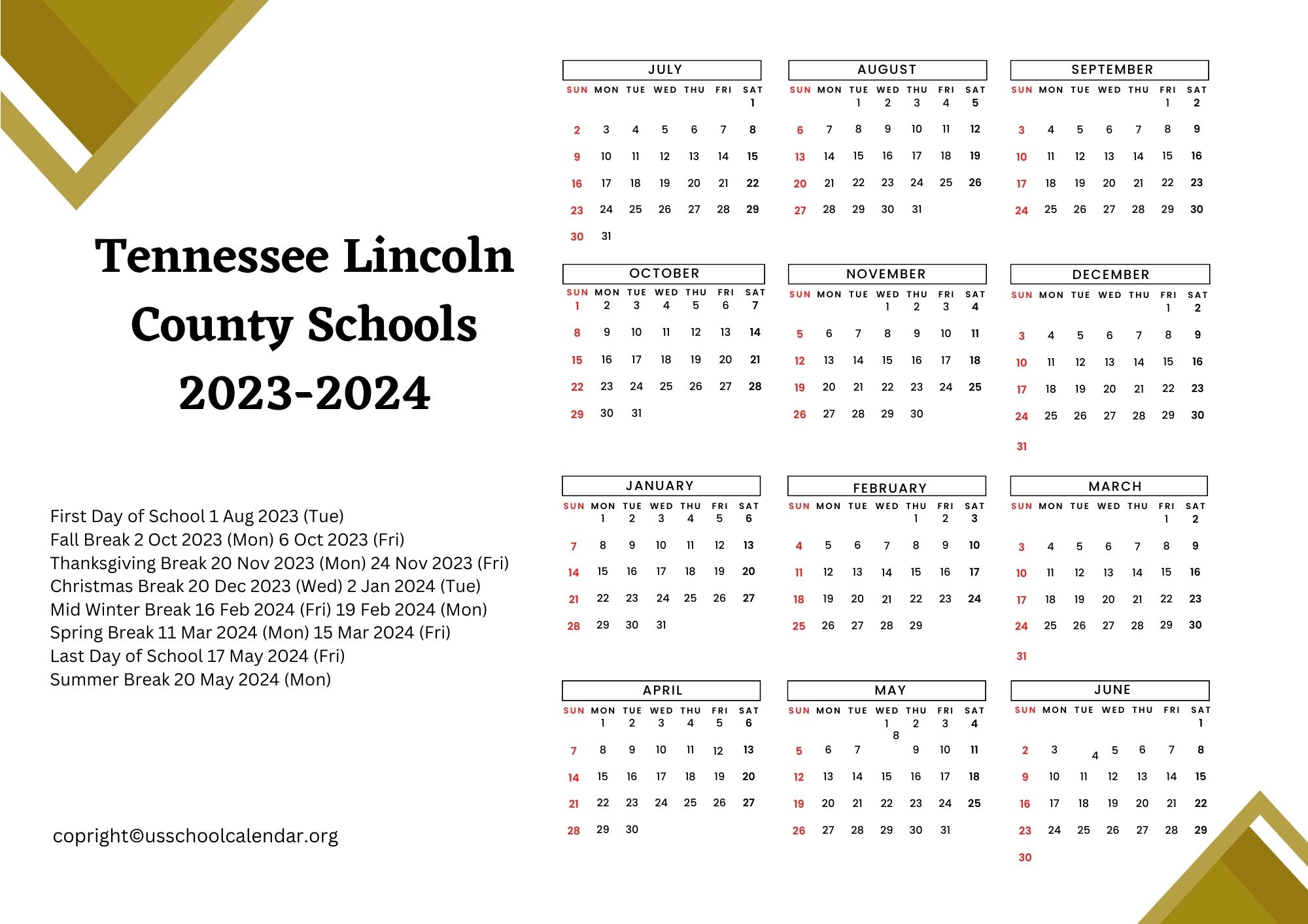 Tennessee Lincoln County Schools Calendar 20232024