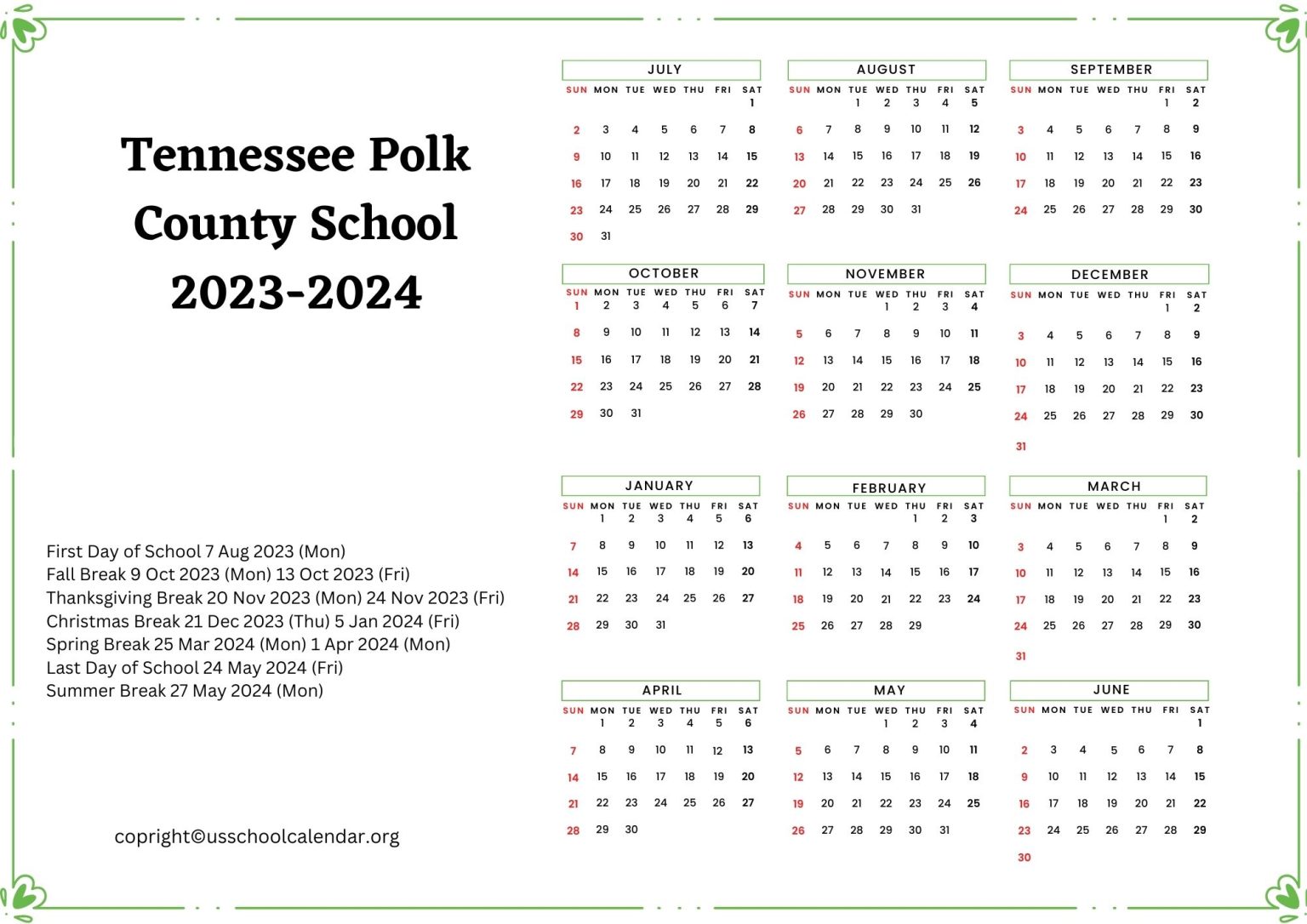 Tennessee Polk County School Calendar with Holidays 20232024