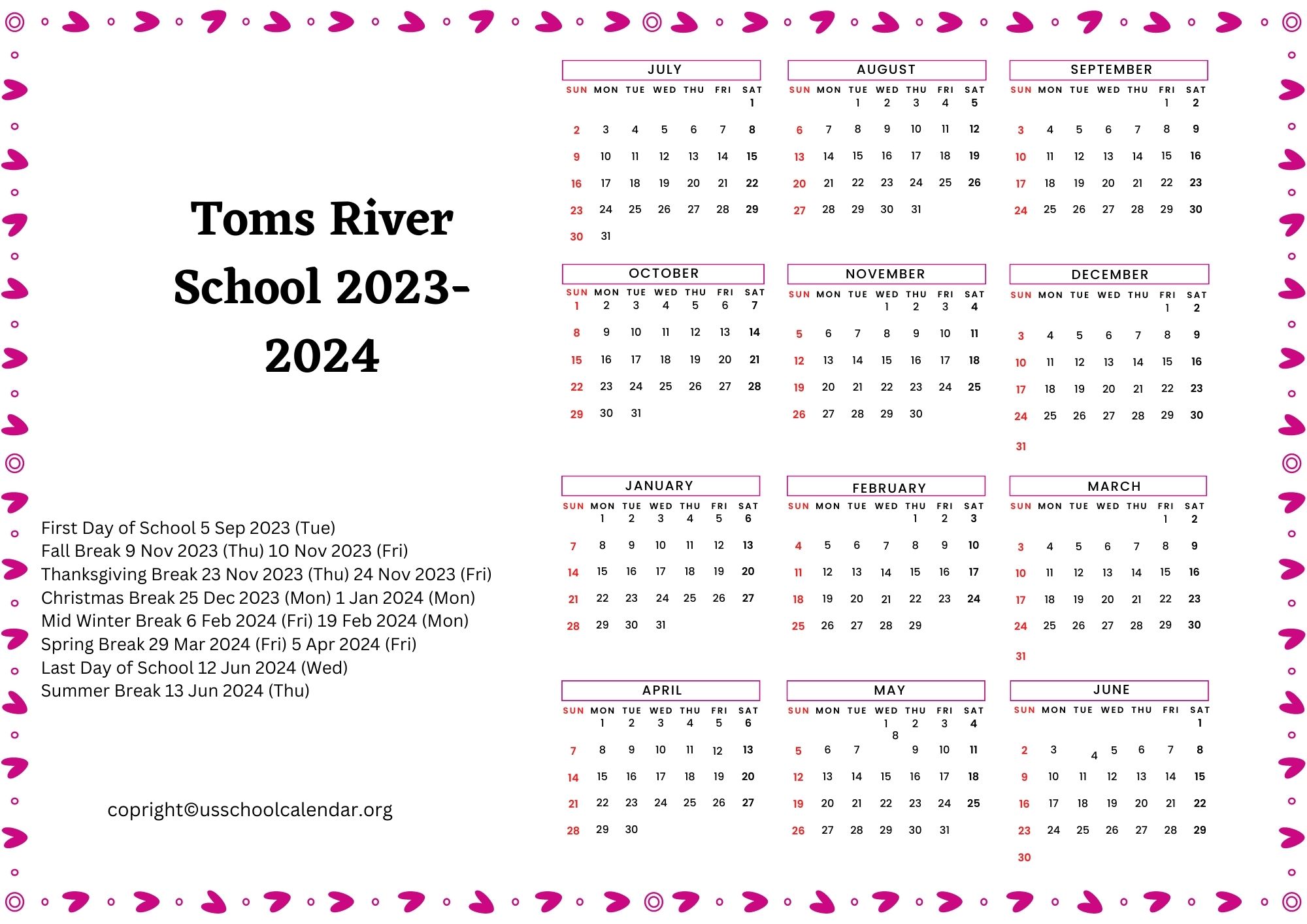 Toms River School Calendar with Holidays 20232024