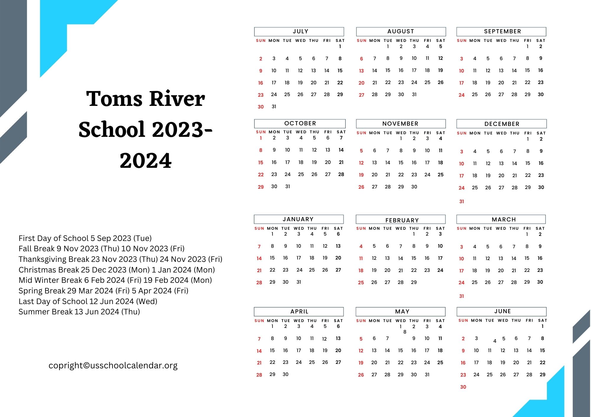 Toms River School Calendar with Holidays 20232024