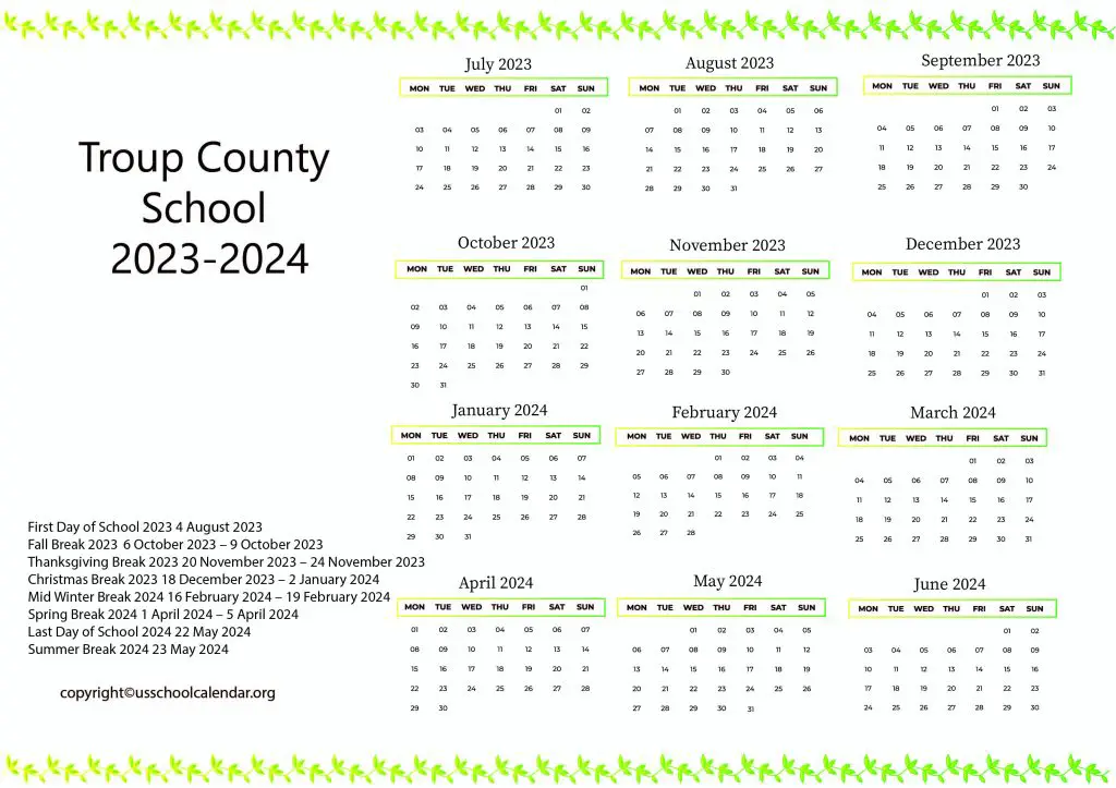 Troup County School Calendar