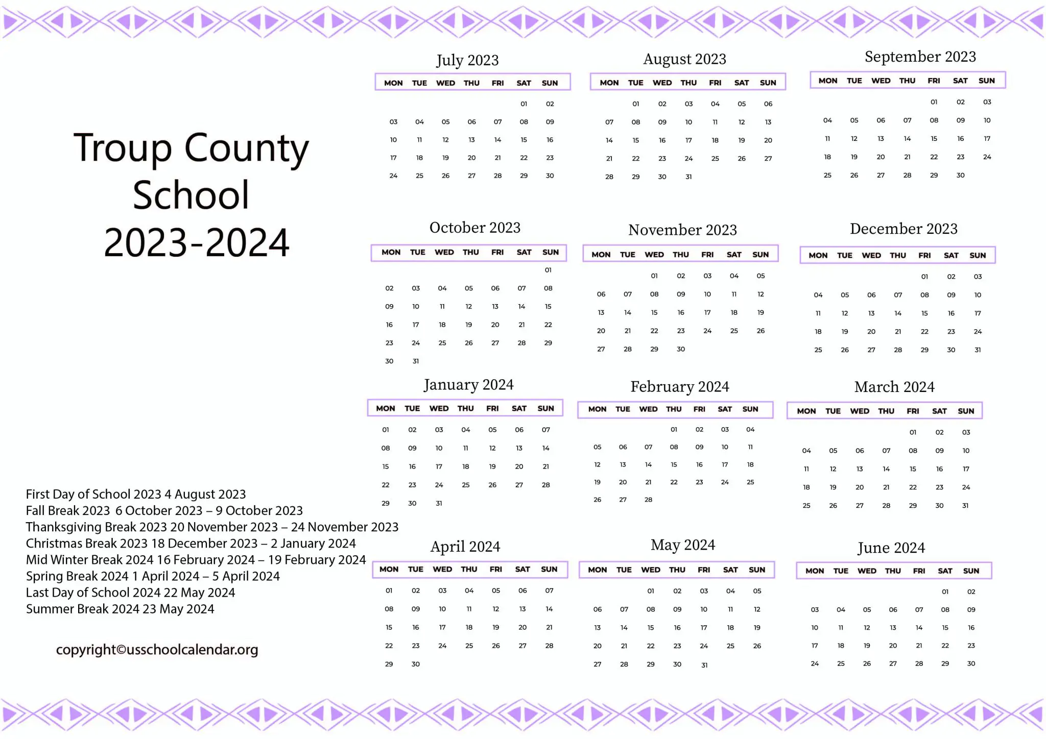 Troup County School Calendar with Holidays 20232024