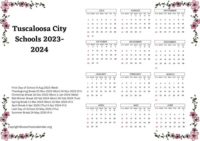 Tuscaloosa City Schools Calendar with Holidays 20232024