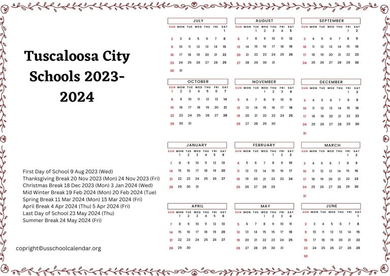 Tuscaloosa City Schools Calendar with Holidays 20232024