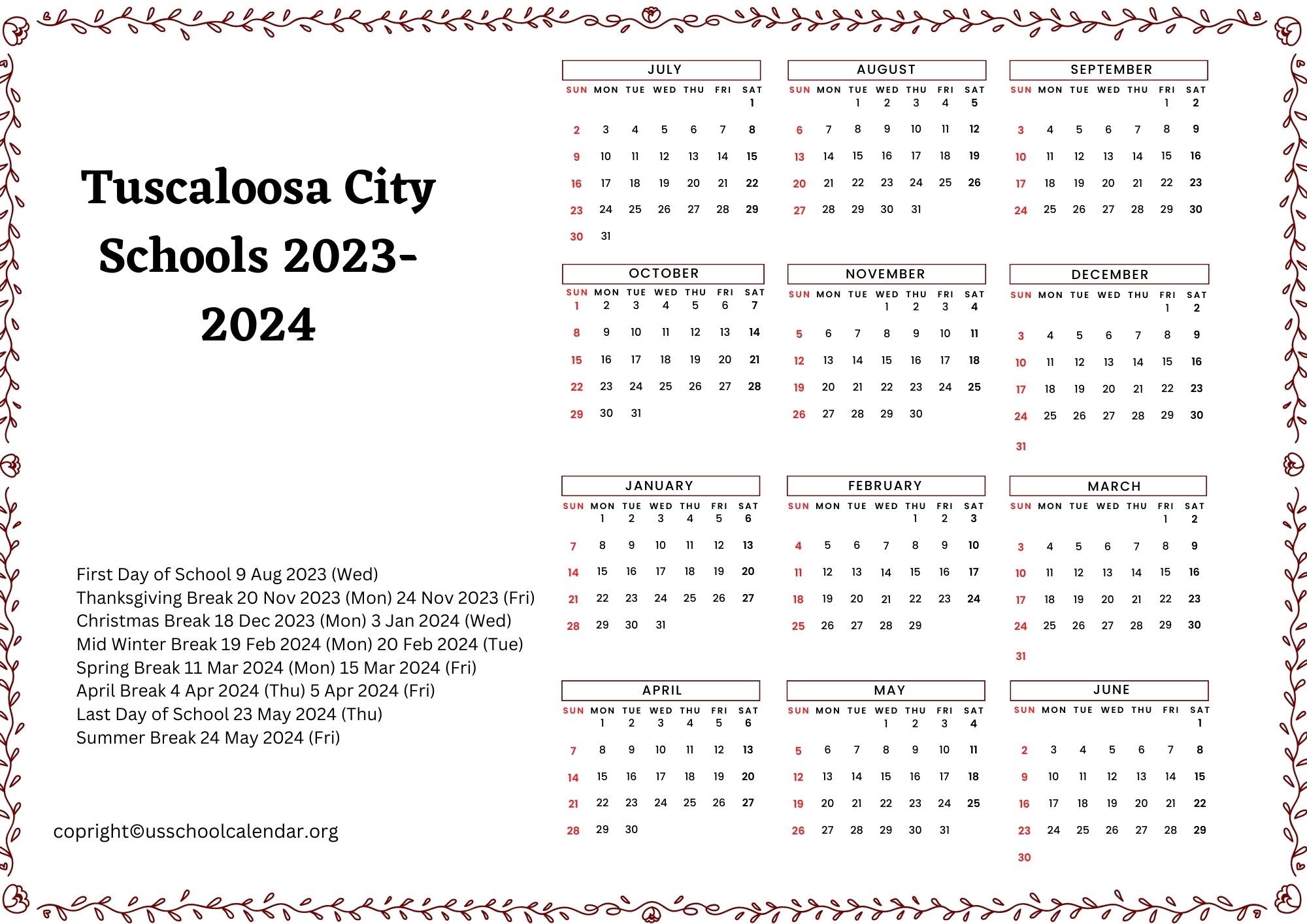 Tuscaloosa City Schools Calendar with Holidays 20232024