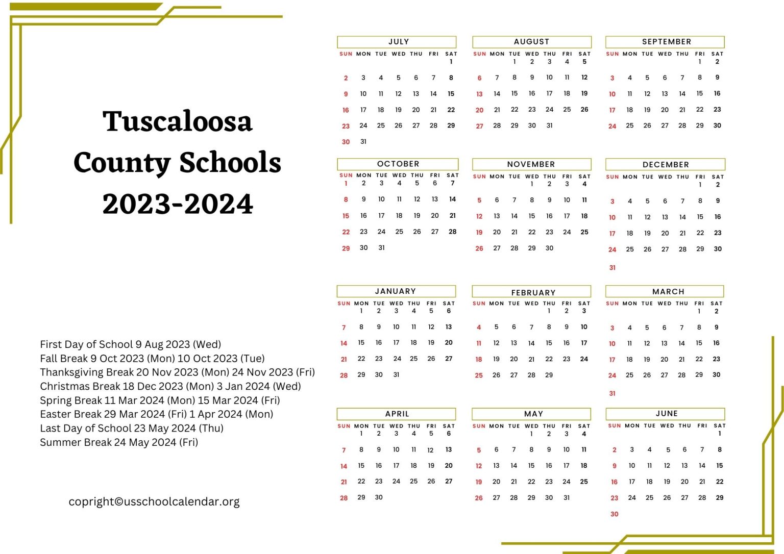 Tuscaloosa County Schools Calendar with Holidays 20232024