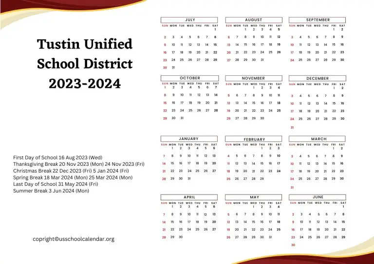 Tustin Unified School District Calendar with Holidays 20232024