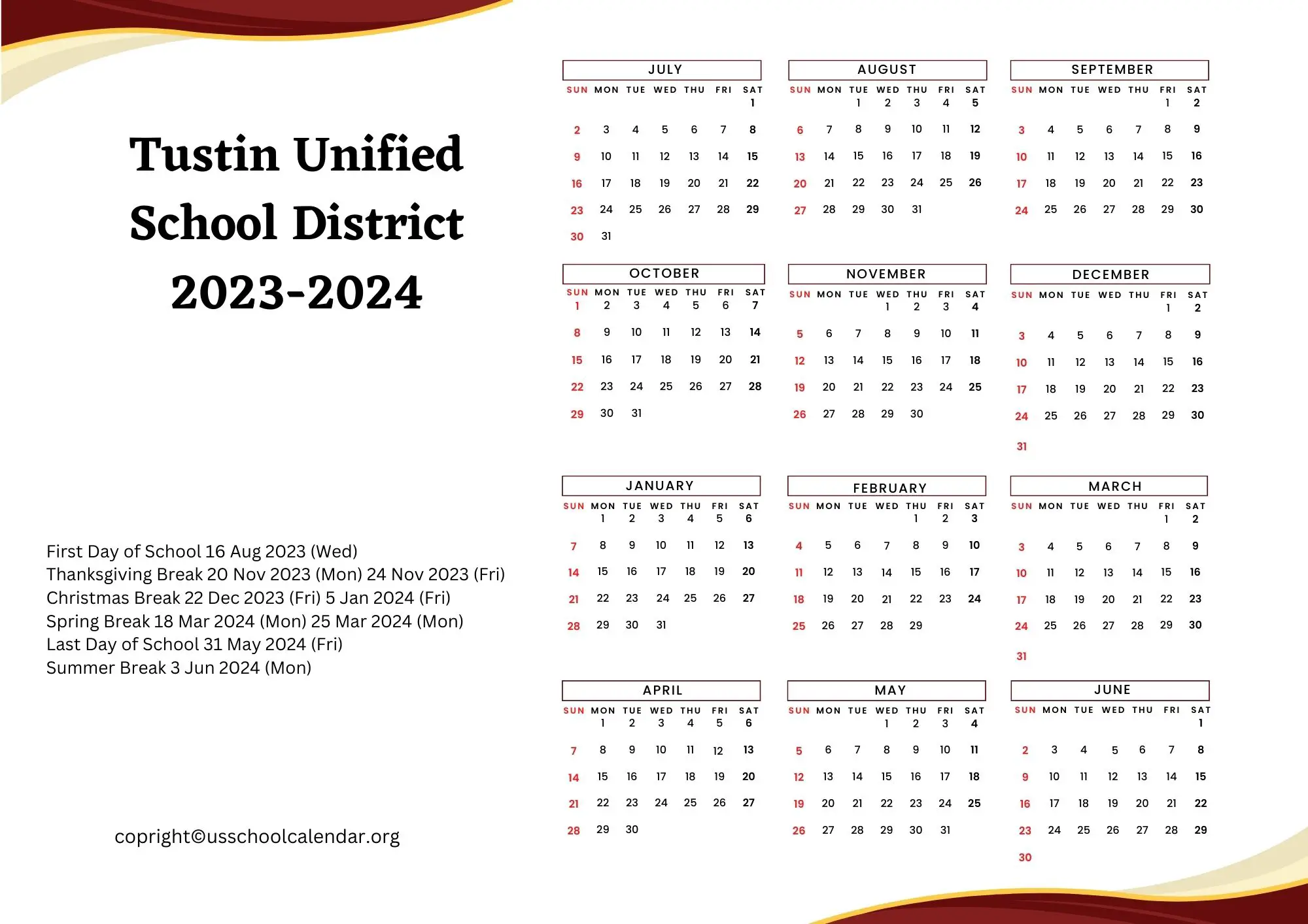 Tustin Unified School District Calendar with Holidays 2023 2024