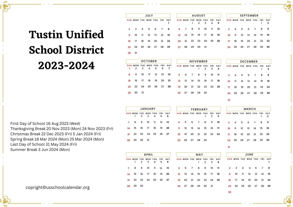 Tustin Unified School District Holiday Calendar