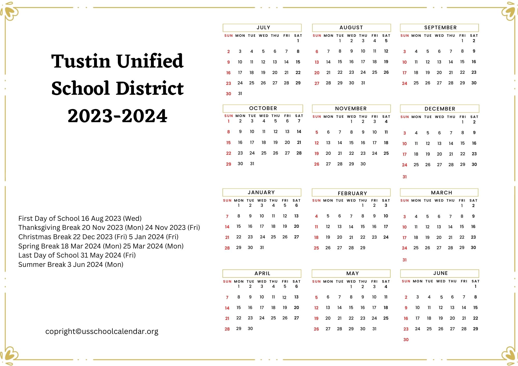 Tustin Unified School District Calendar with Holidays 20232024