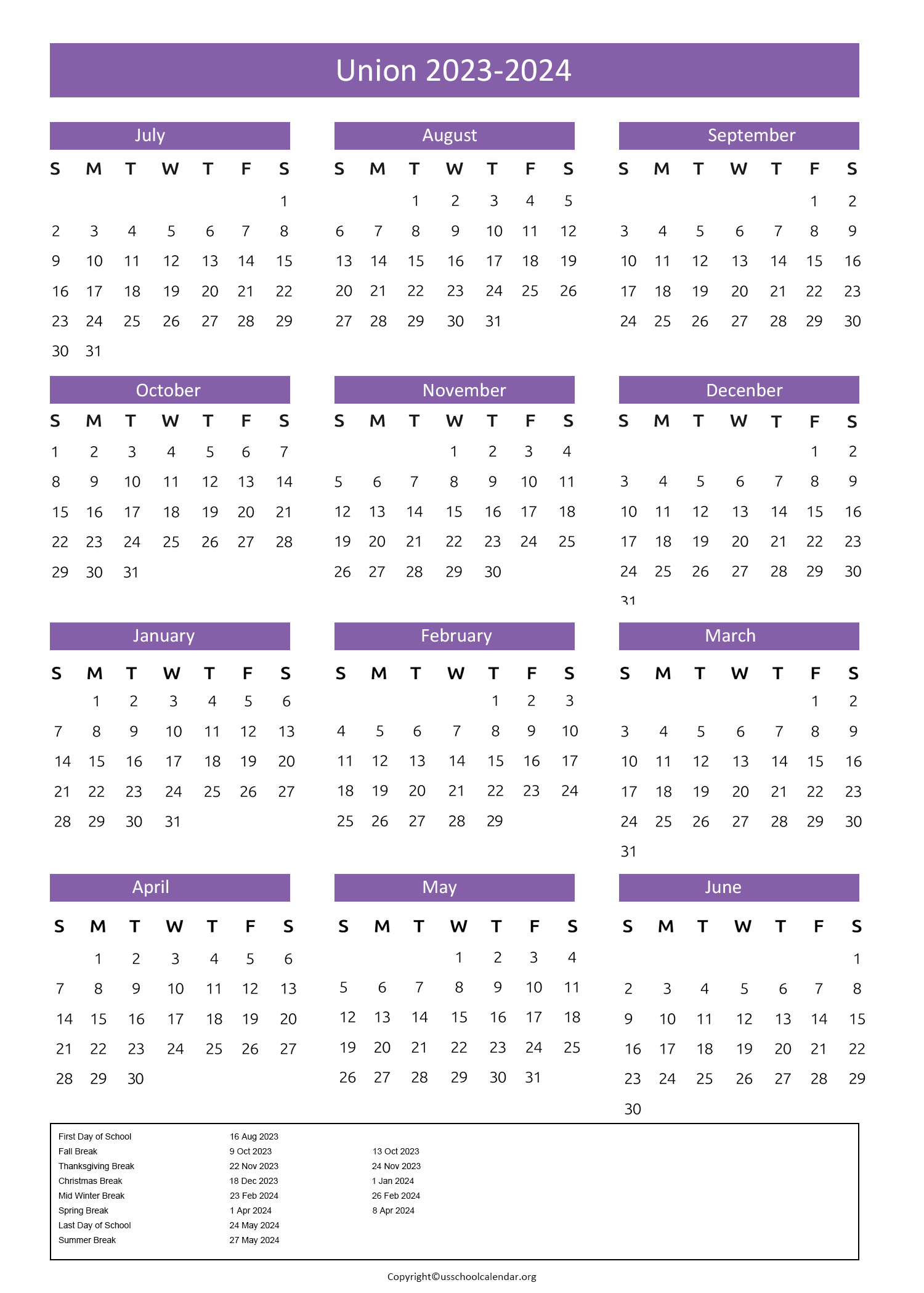 Union County Public Schools Calendar with Holidays 20232024