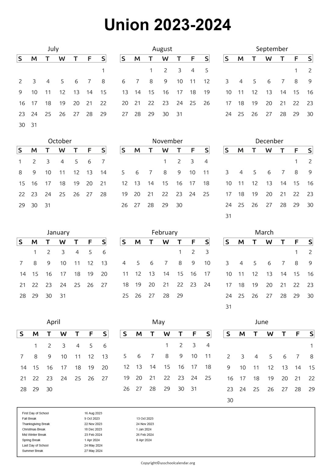 Union County Public Schools Calendar with Holidays 20232024