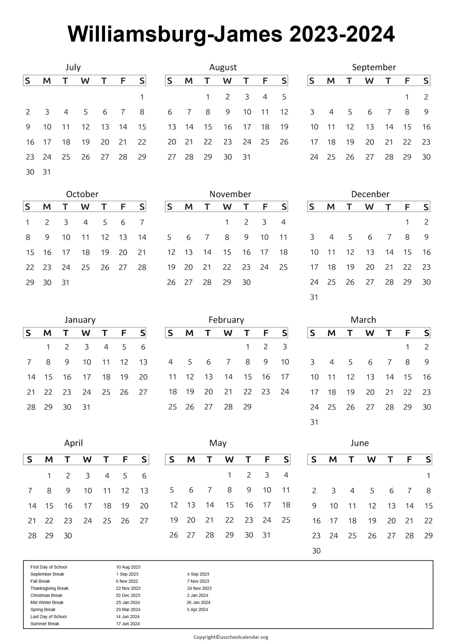 WJCC Schools Calendar US School Calendar