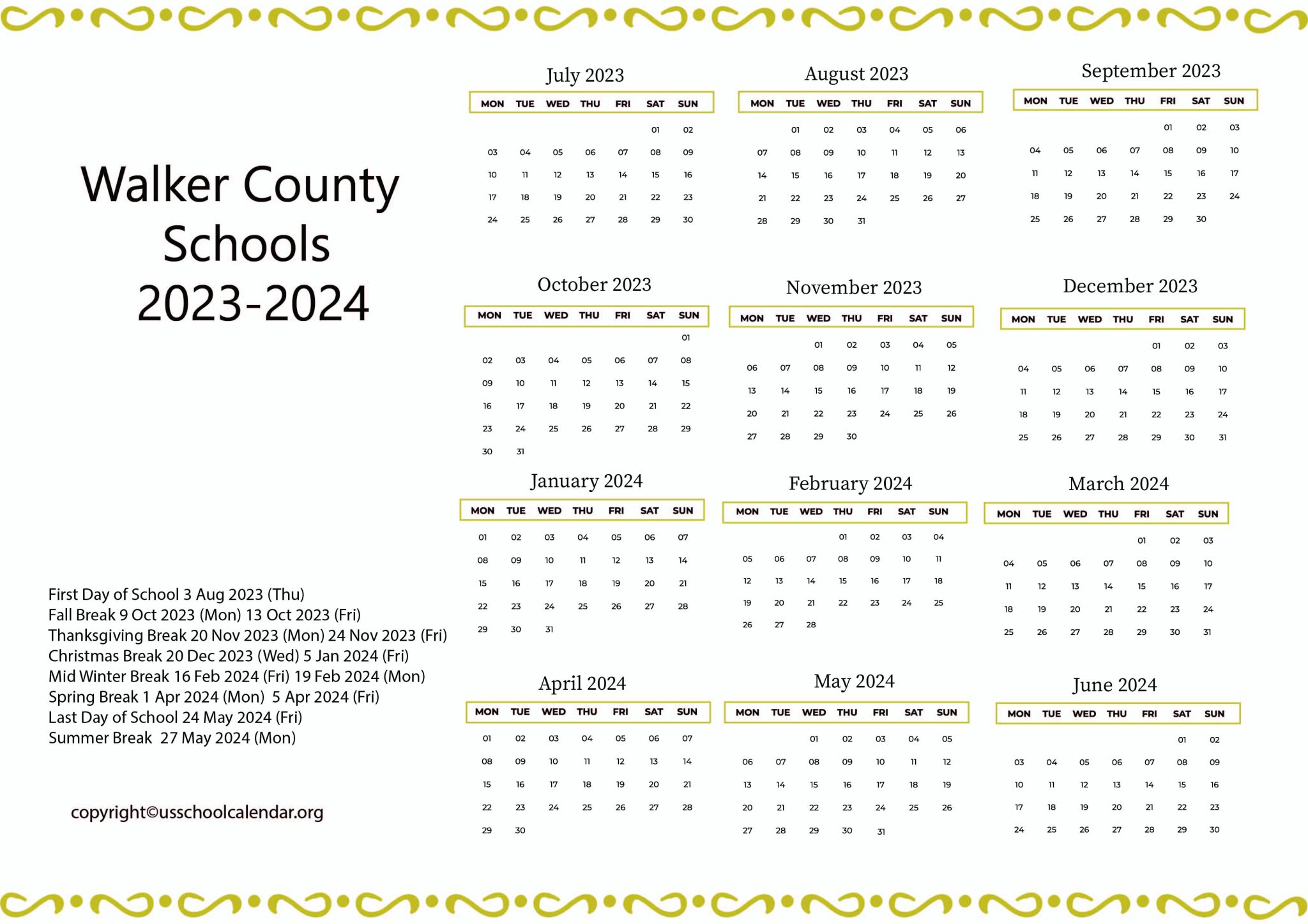 Walker County Schools Calendar with Holidays 20232024