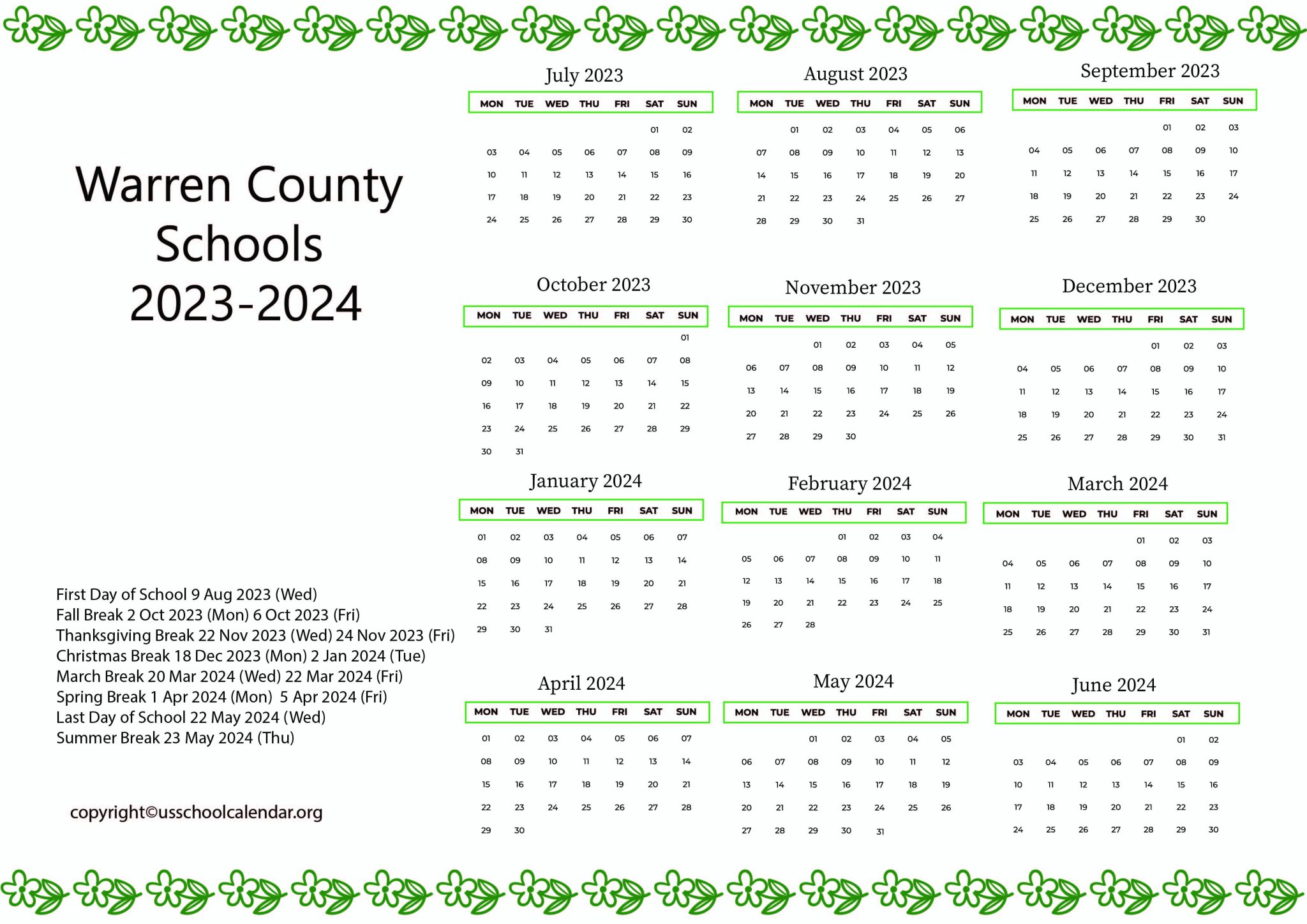 Warren County Schools Calendar with Holidays 2023 2024