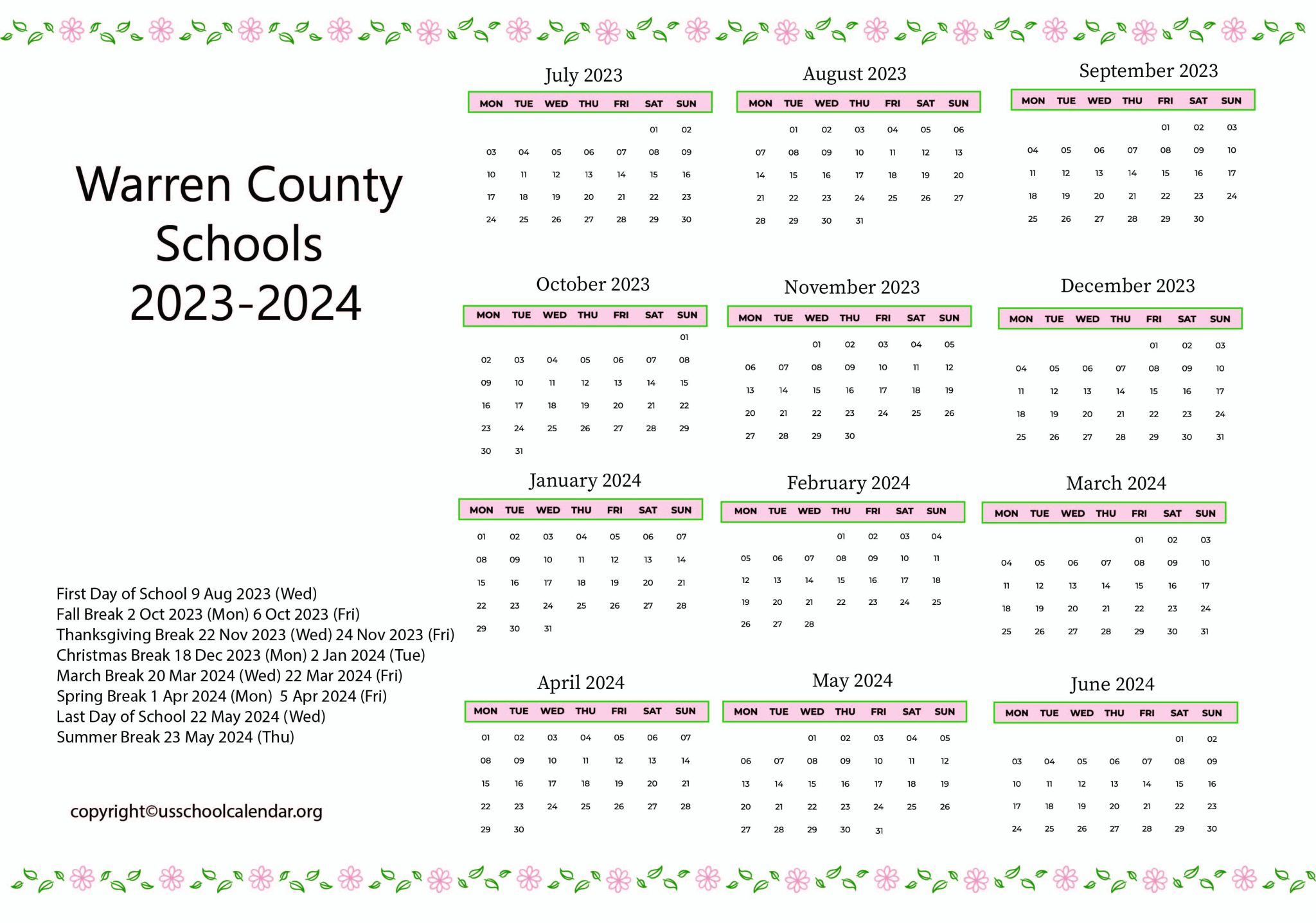 Warren County Schools Calendar with Holidays 20232024