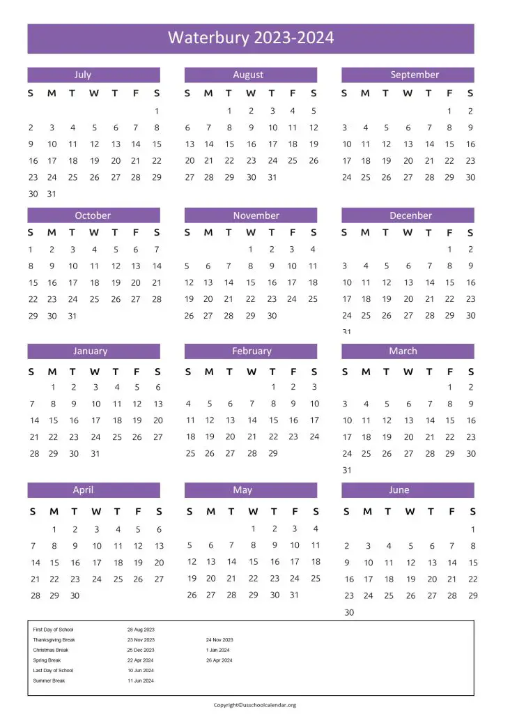 Waterbury Public Schools Calendar With Holidays 2023 2024