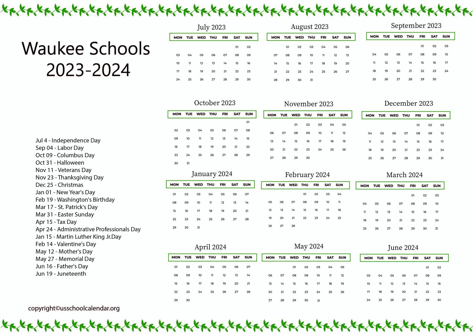 Waukee Schools Calendar with Holidays 2023 2024