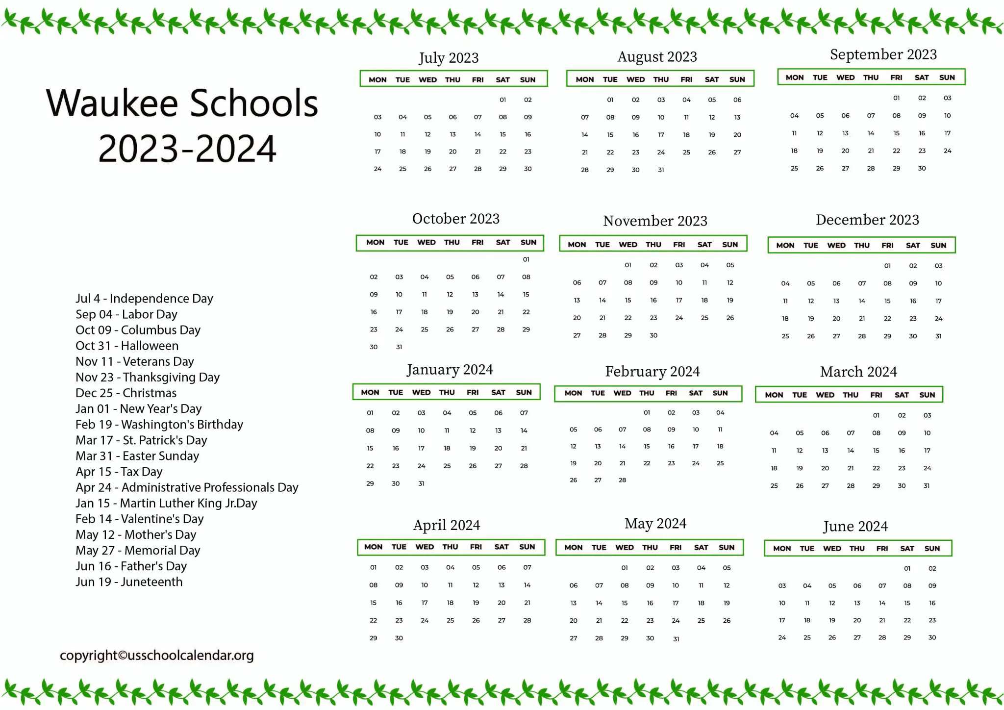 Waukee Schools Calendar with Holidays 20232024