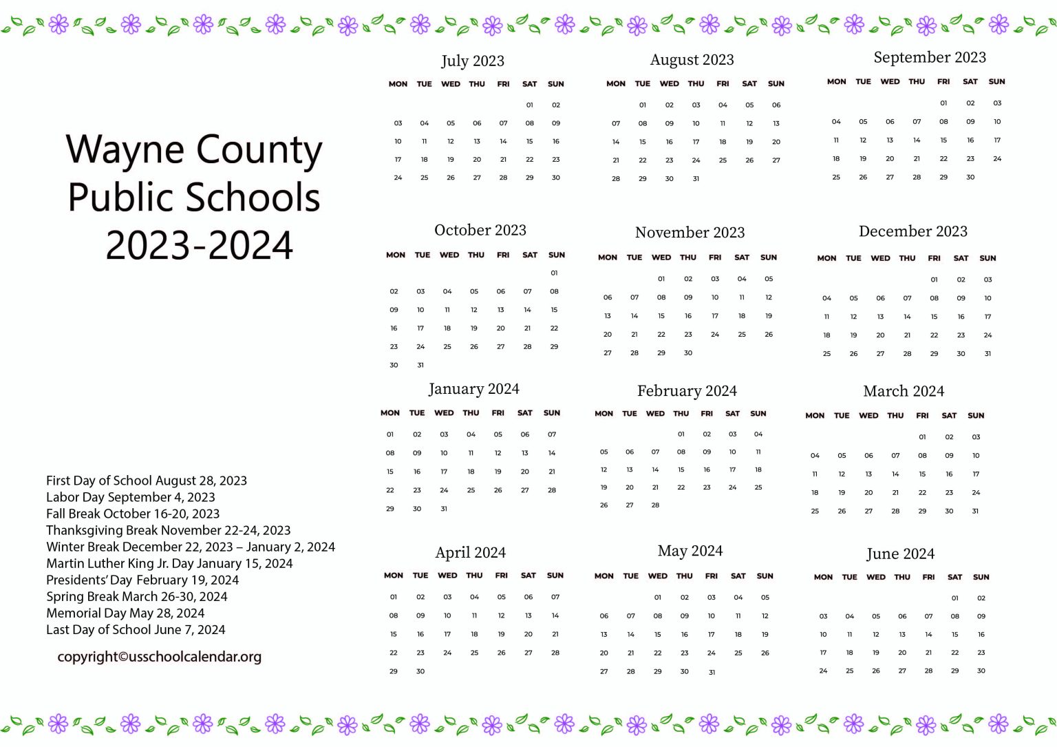 Wayne County Public Schools Calendar with Holidays 20232024