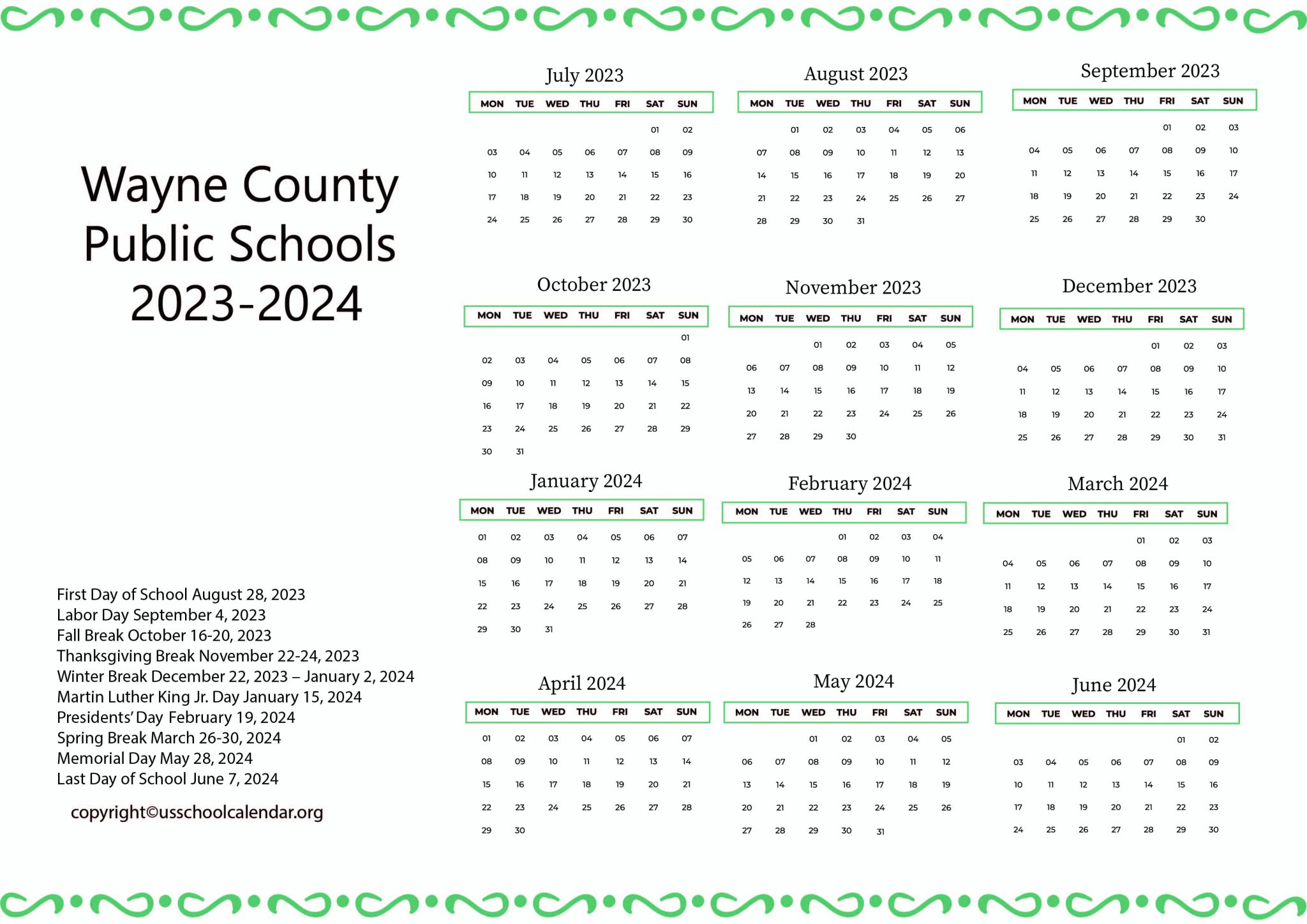 Wayne County Public Schools Calendar with Holidays 20232024