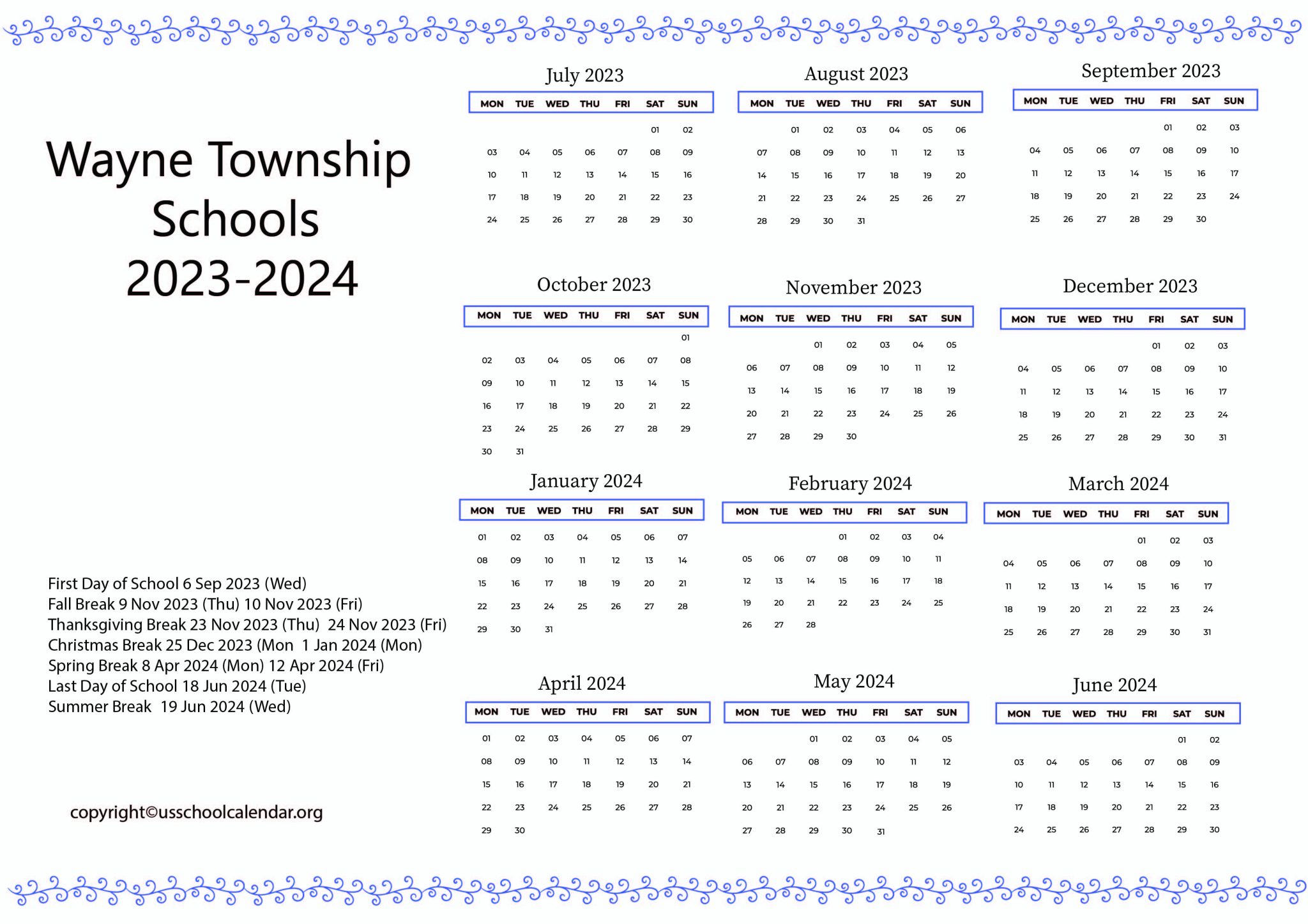 Wayne Township Schools Calendar with Holidays 20232024