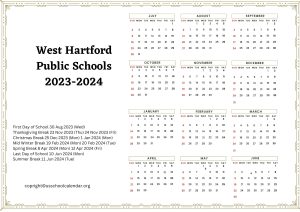 West Hartford Public Schools Calendar with Holidays 2023-2024