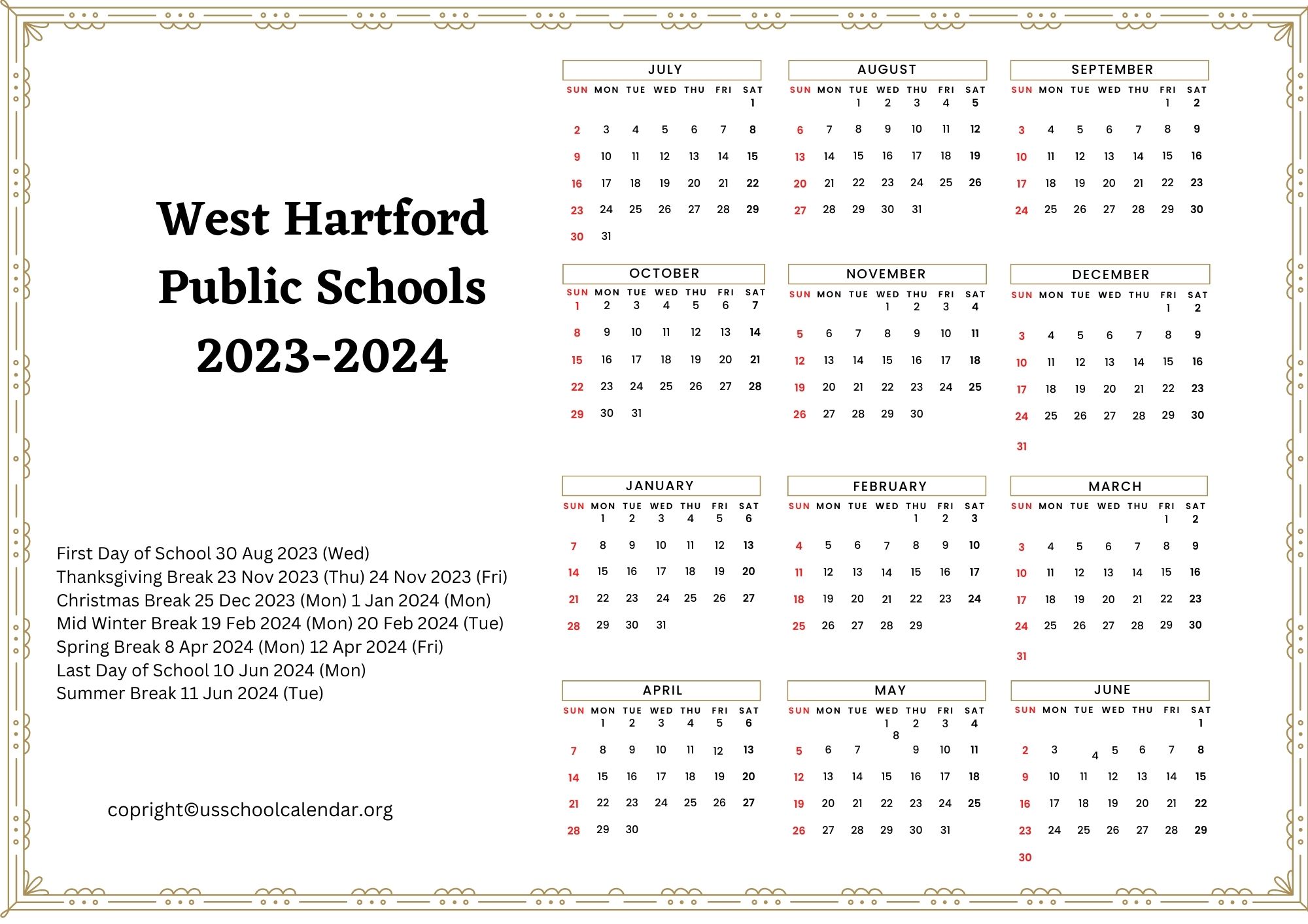 West Hartford Public Schools Calendar with Holidays 20232024