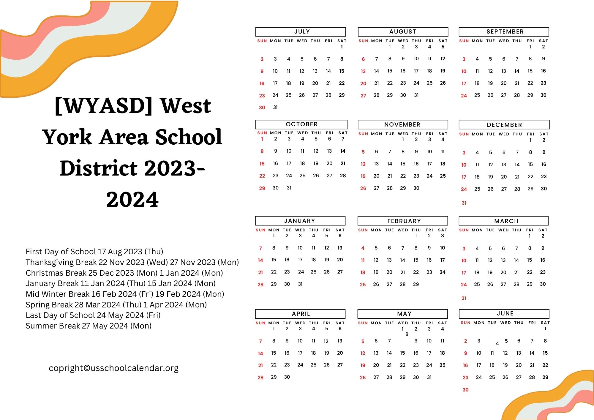 [WYASD] West York Area School District Calendar for 2023-2024