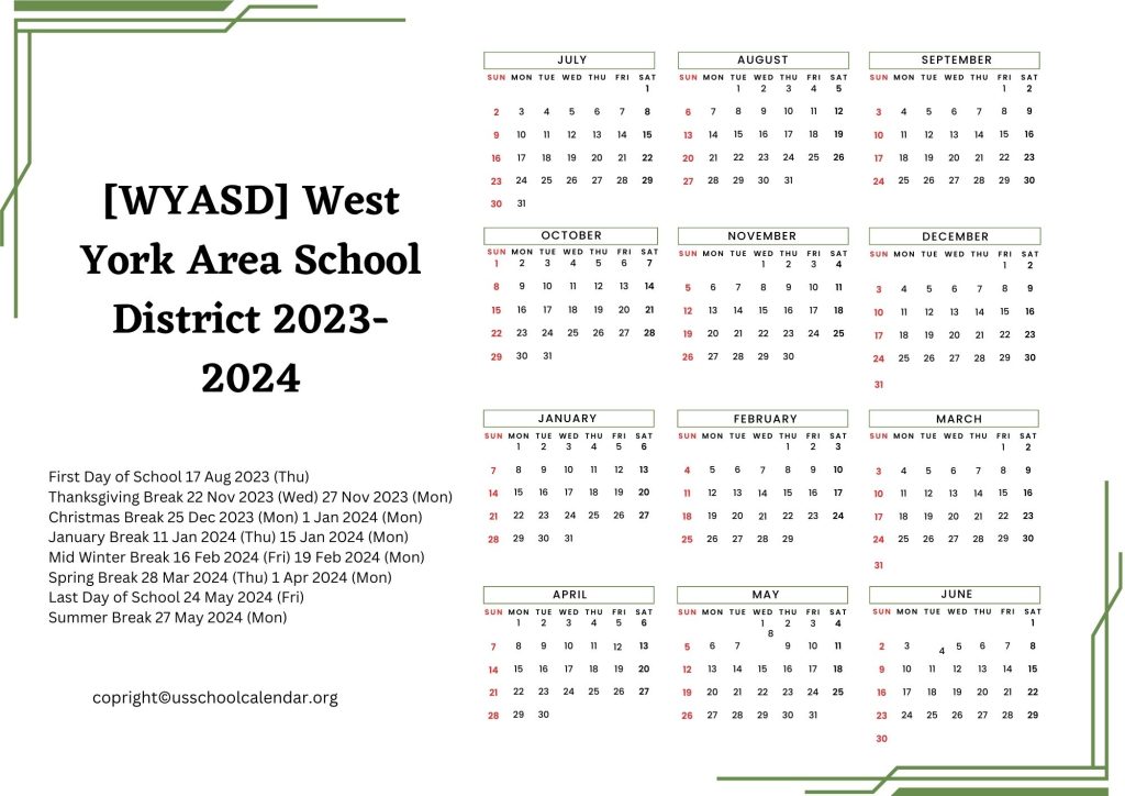 West York Area School District Holiday Calendar