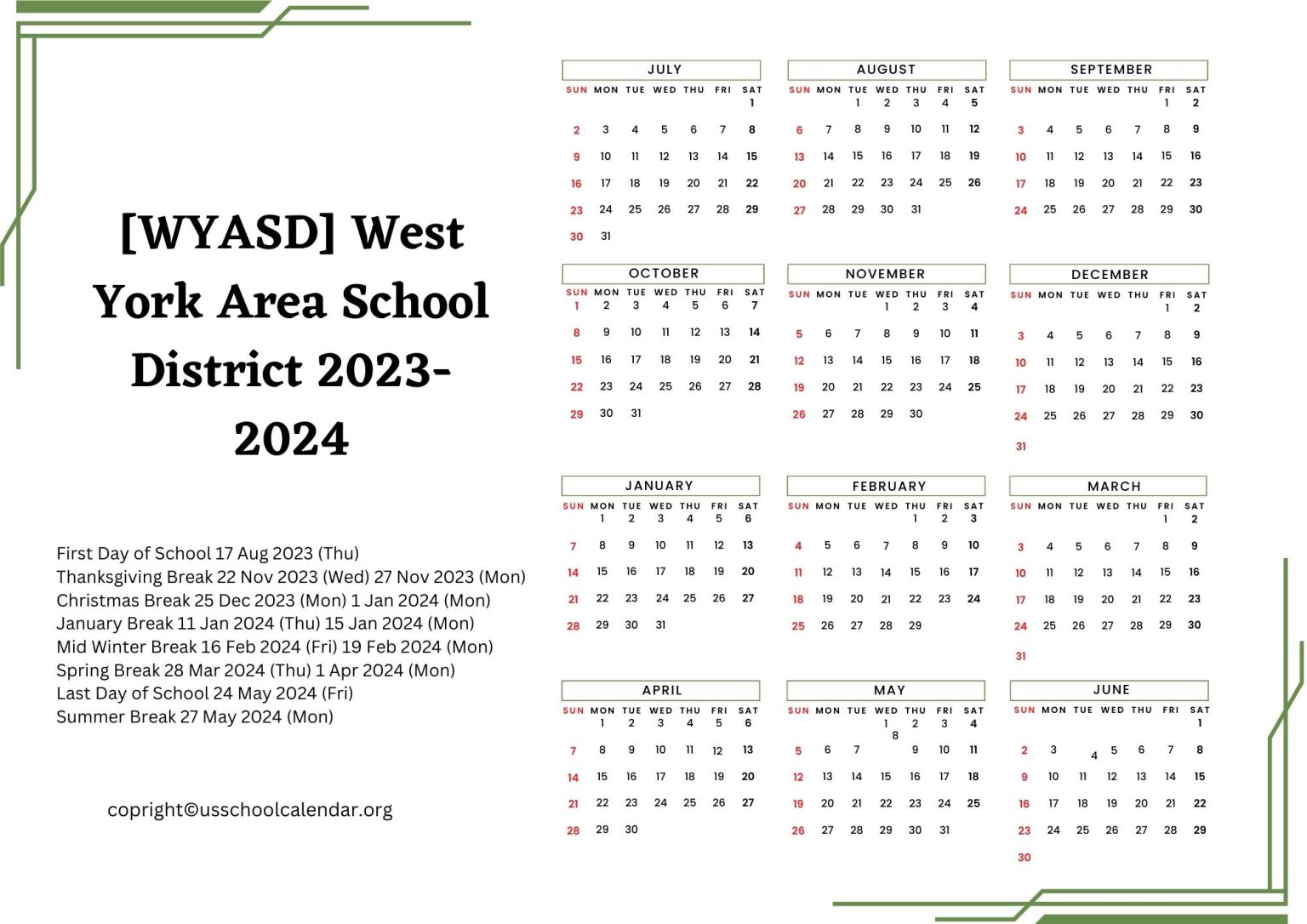 West York Area School District Holiday Calendar 1536x1086 
