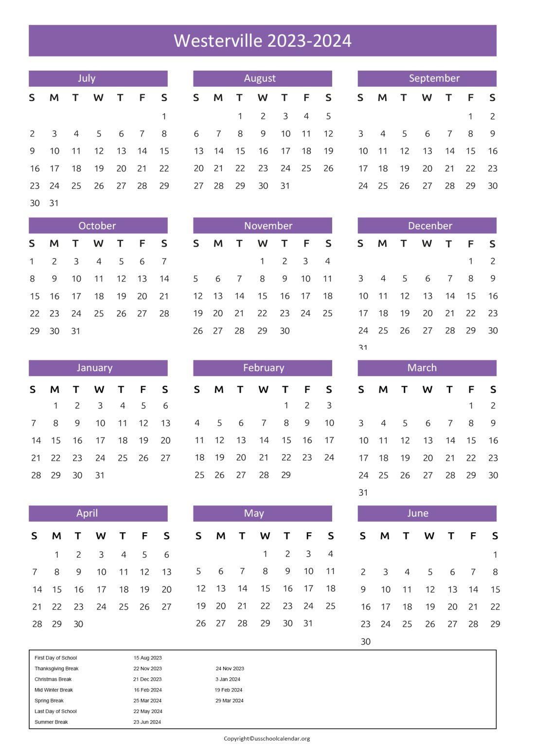 Westerville City Schools Calendar with Holidays 20232024