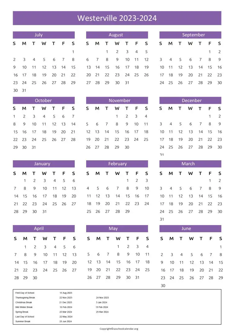 Westerville City Schools Calendar with Holidays 20252025