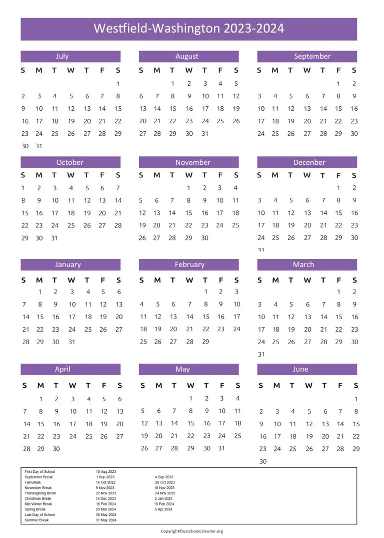 Westfield Washington Schools Calendar with Holidays 20232024