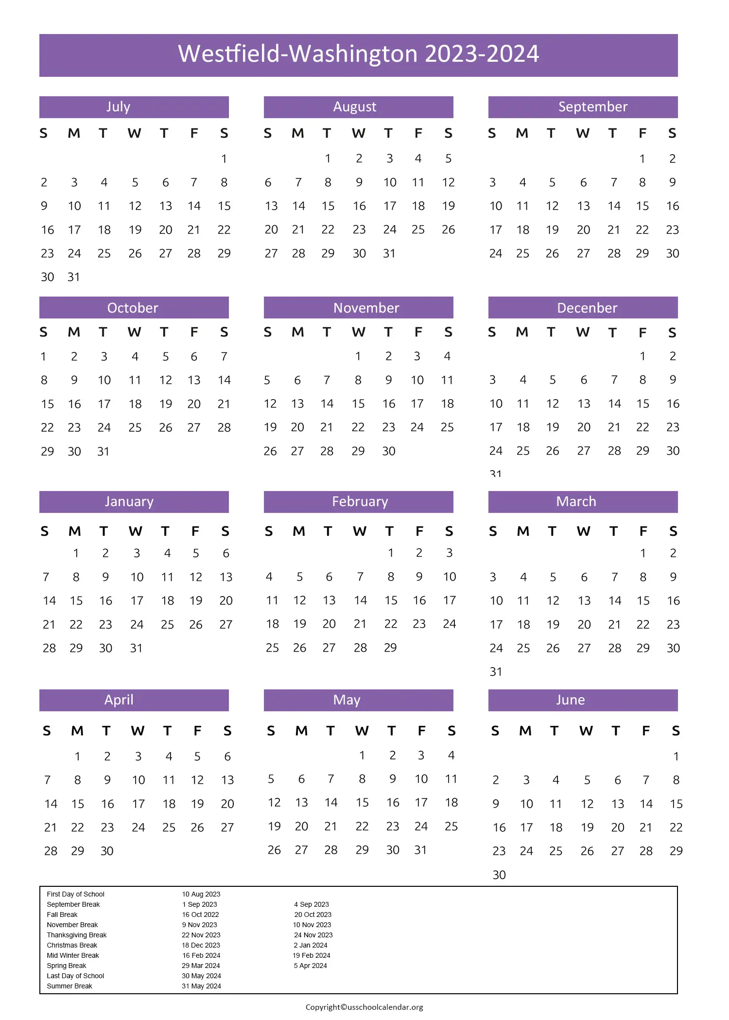 Westfield Washington Schools Calendar with Holidays 20232024
