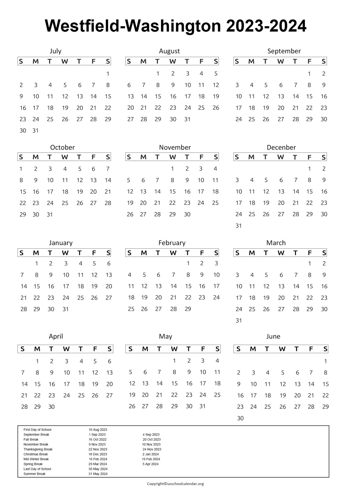 Westfield Washington Schools Calendar with Holidays 2023 2024
