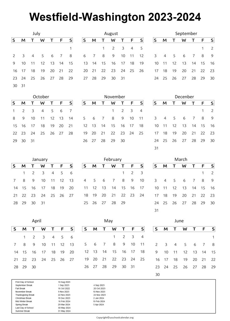 Westfield Washington Schools School Year Calendar