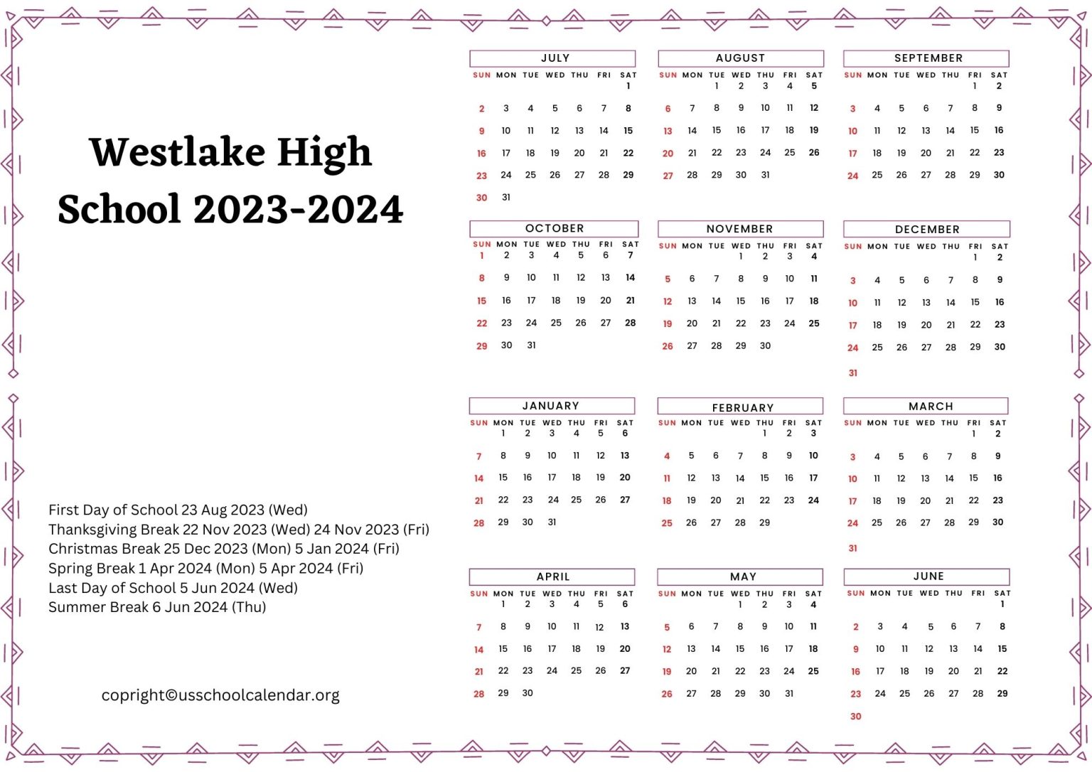 Westlake High School Calendar with Holidays 20232024