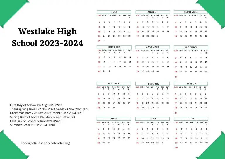 Westlake High School Calendar with Holidays 20232024