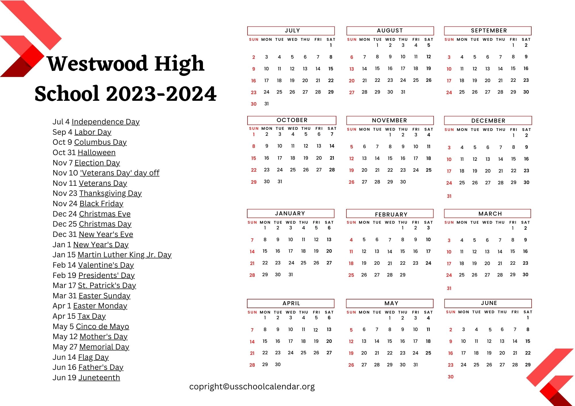 Westwood High School Calendar with Holidays 20232024