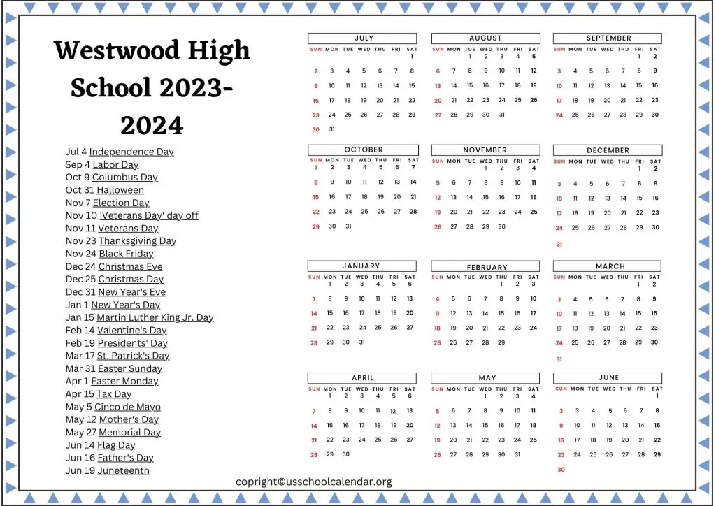 Westwood Schools Calendar