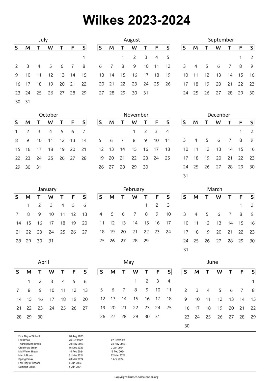 Wilkes County Schools Calendar with Holidays 20232024