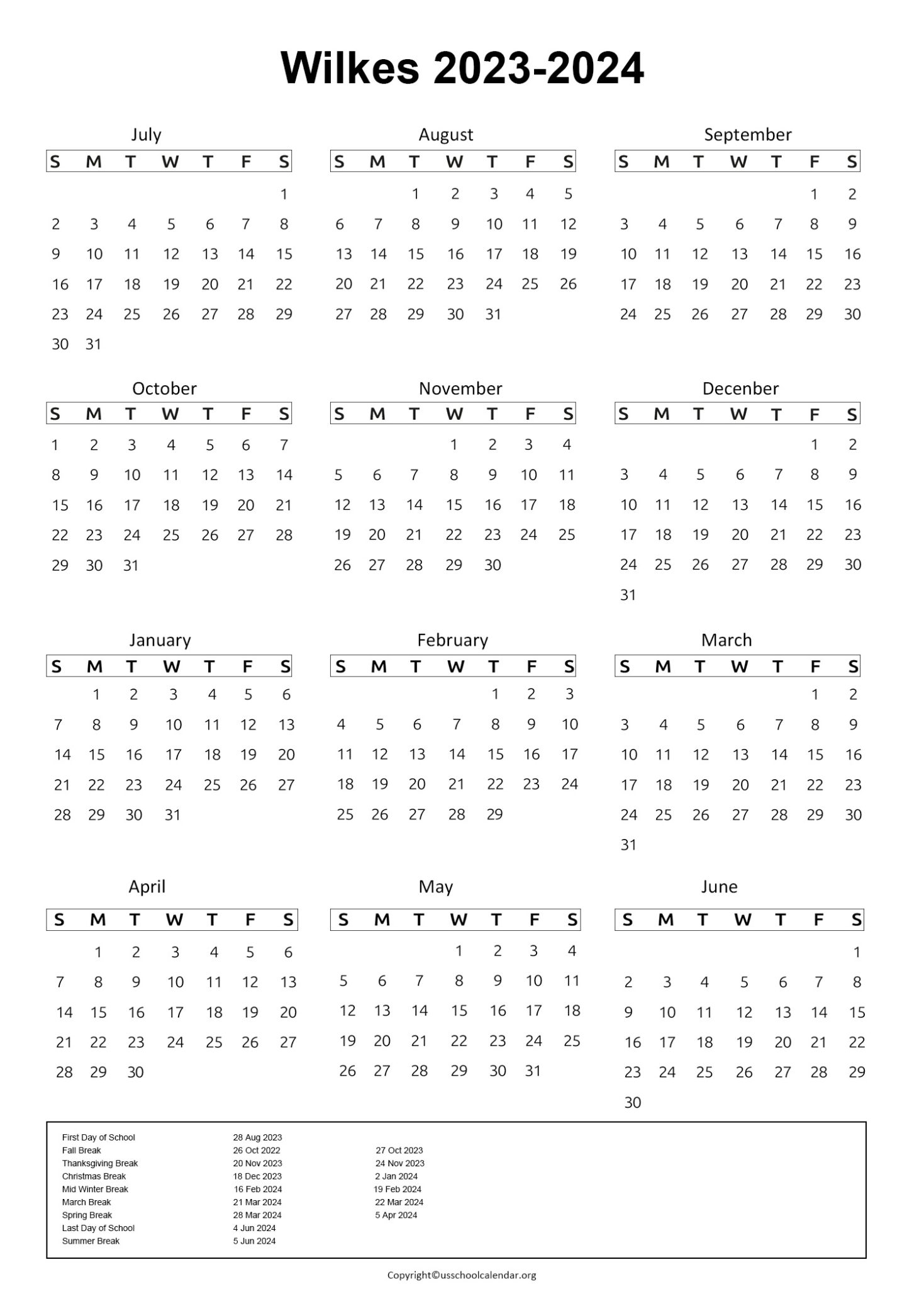 Wilkes County Schools Calendar with Holidays 20232024