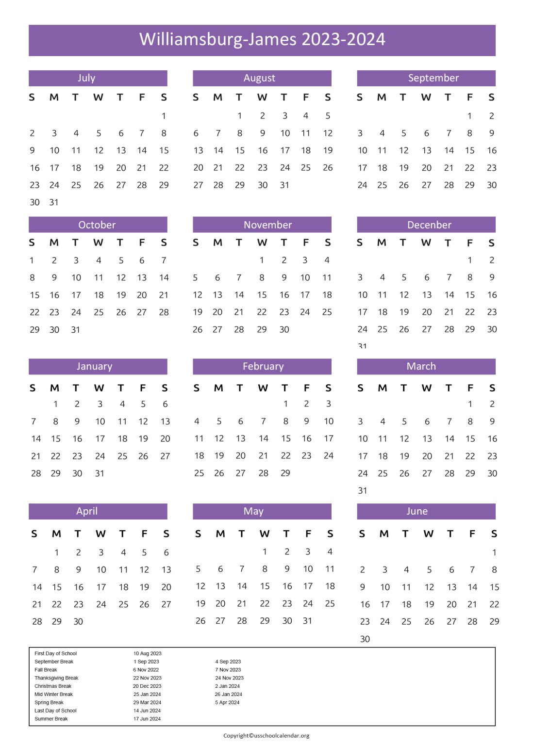 WJCC Schools Calendar US School Calendar