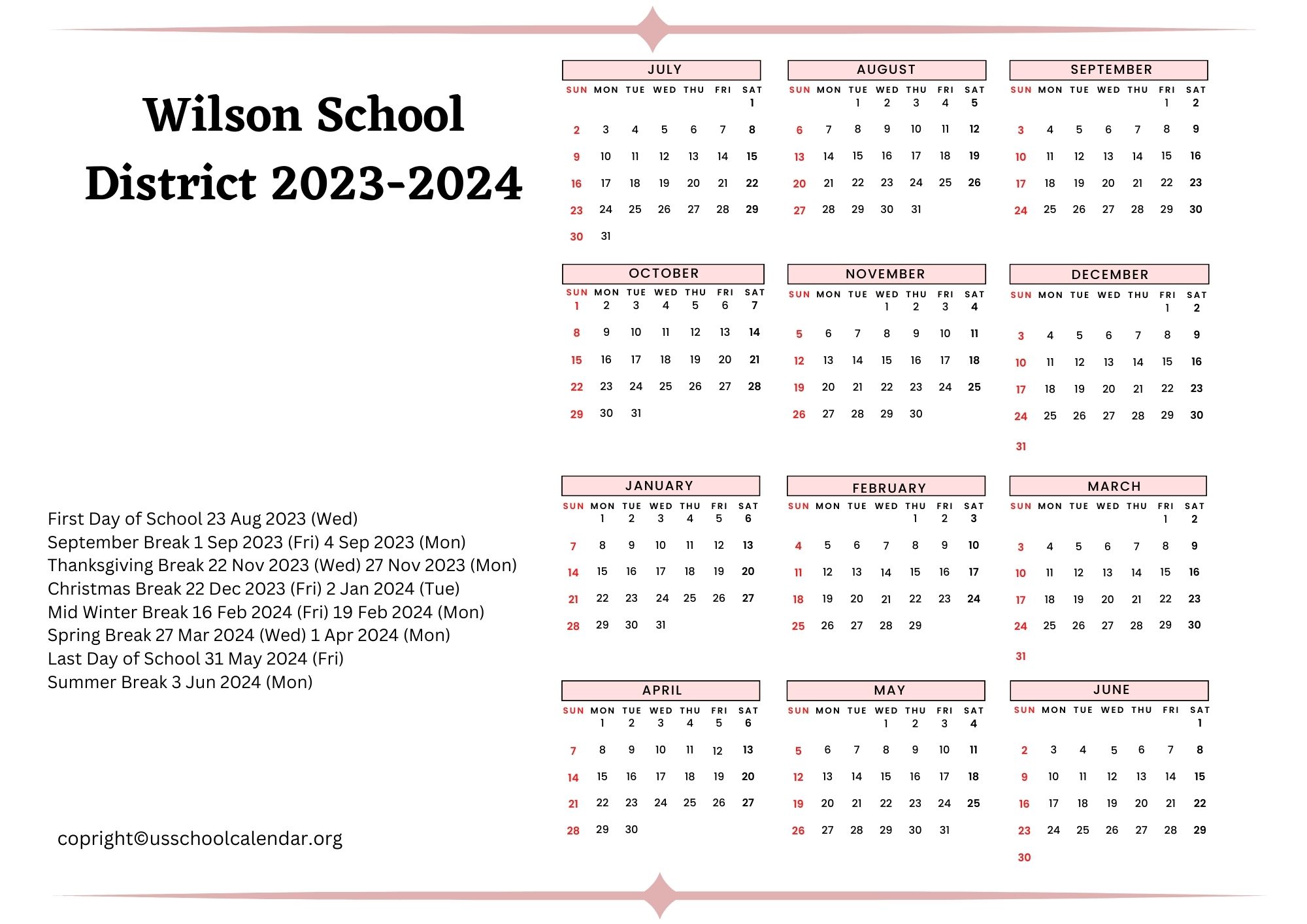 Wilson School District Calendar with Holidays 2023 2024