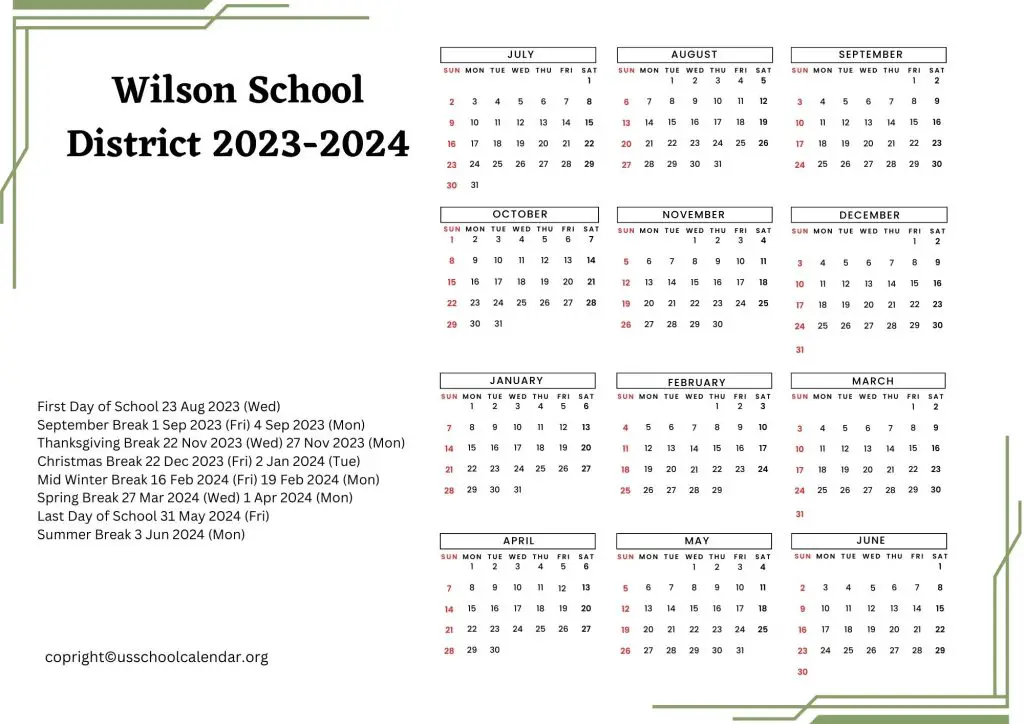 Wilson School District Holiday Calendar