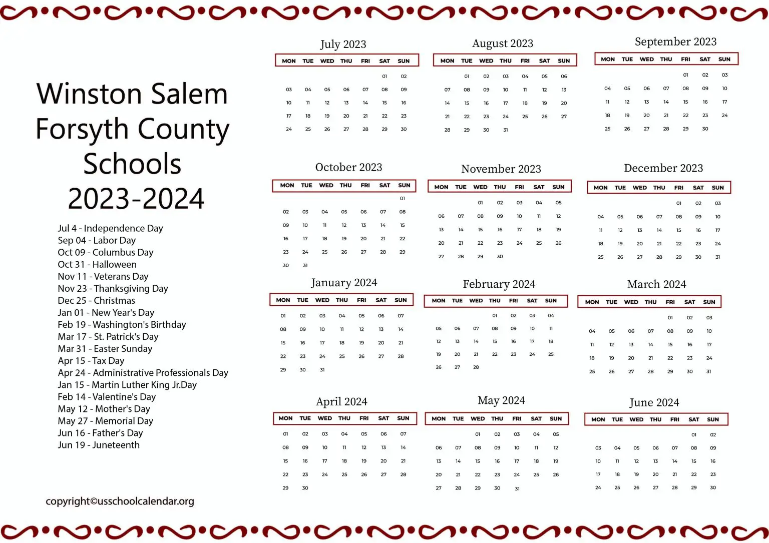 Winston Salem Forsyth County Schools Calendar for 2023 2024