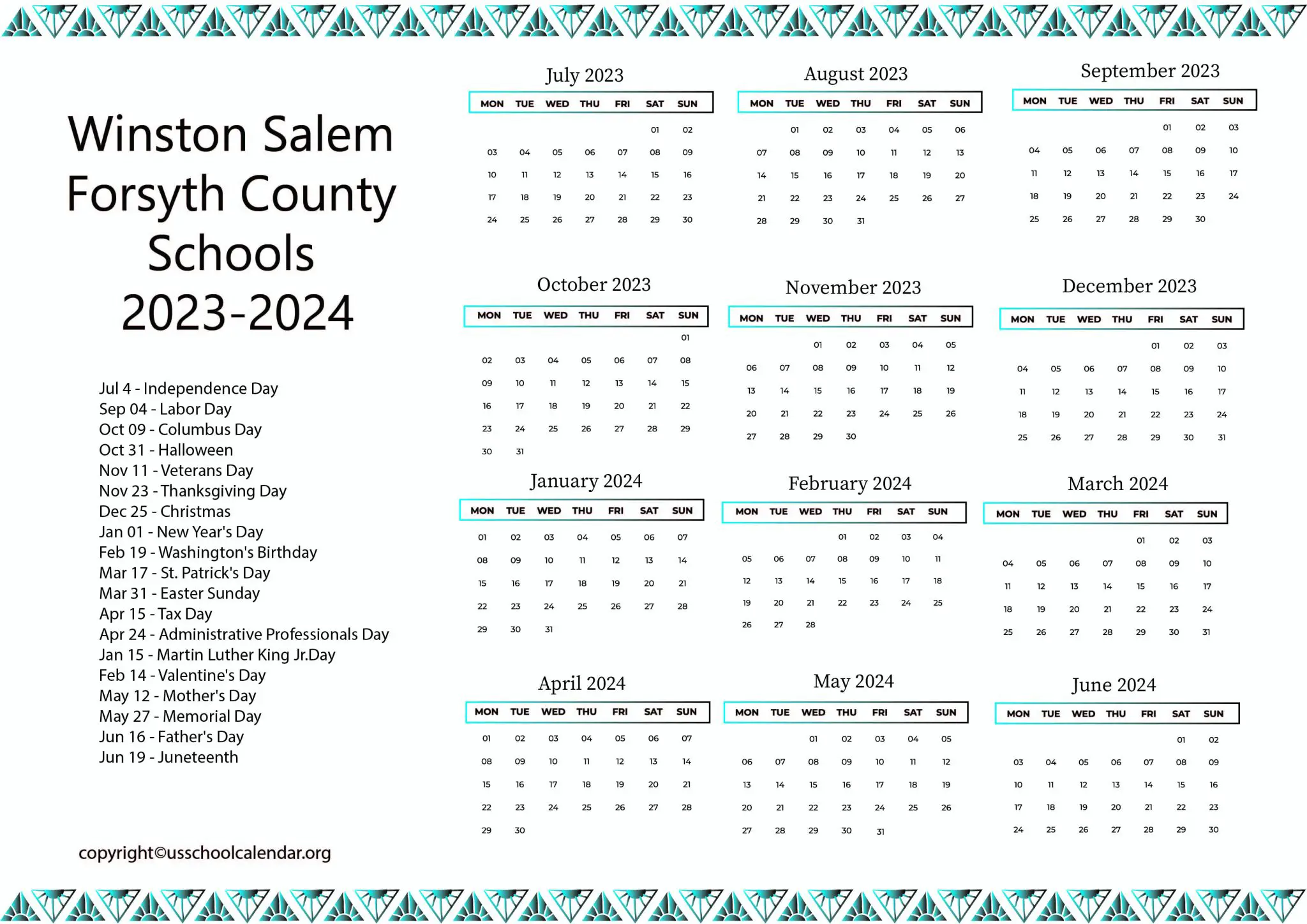 Winston Salem Forsyth County Schools Calendar for 20232024
