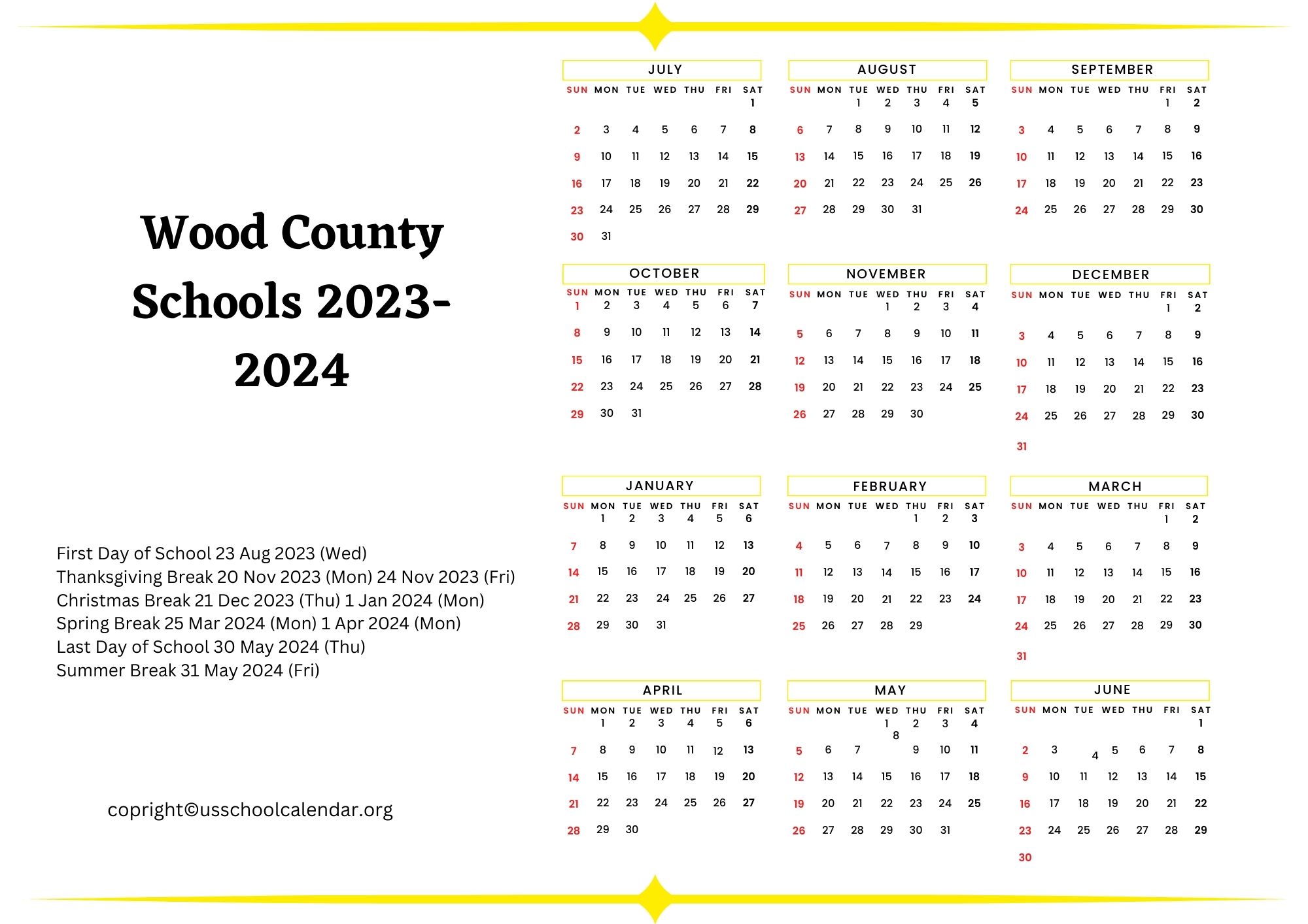 Wood County Schools Calendar with Holidays 2023 2024