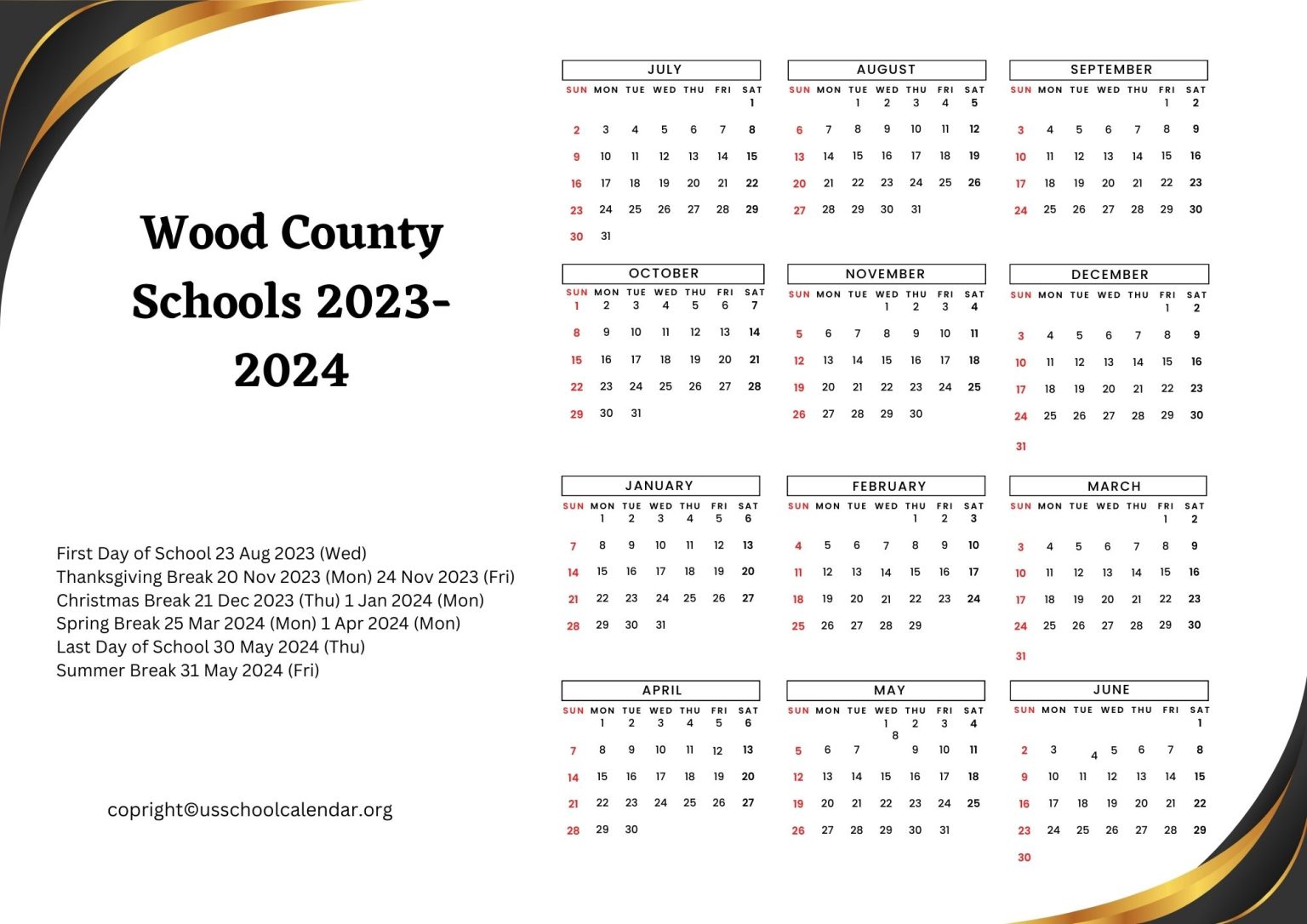 Wood County Schools Calendar with Holidays 2023 2024